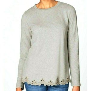 J Jill NEW Top Gray XL Pullover Shirt Cotton Embroidered Hem Relax May Fit 1X